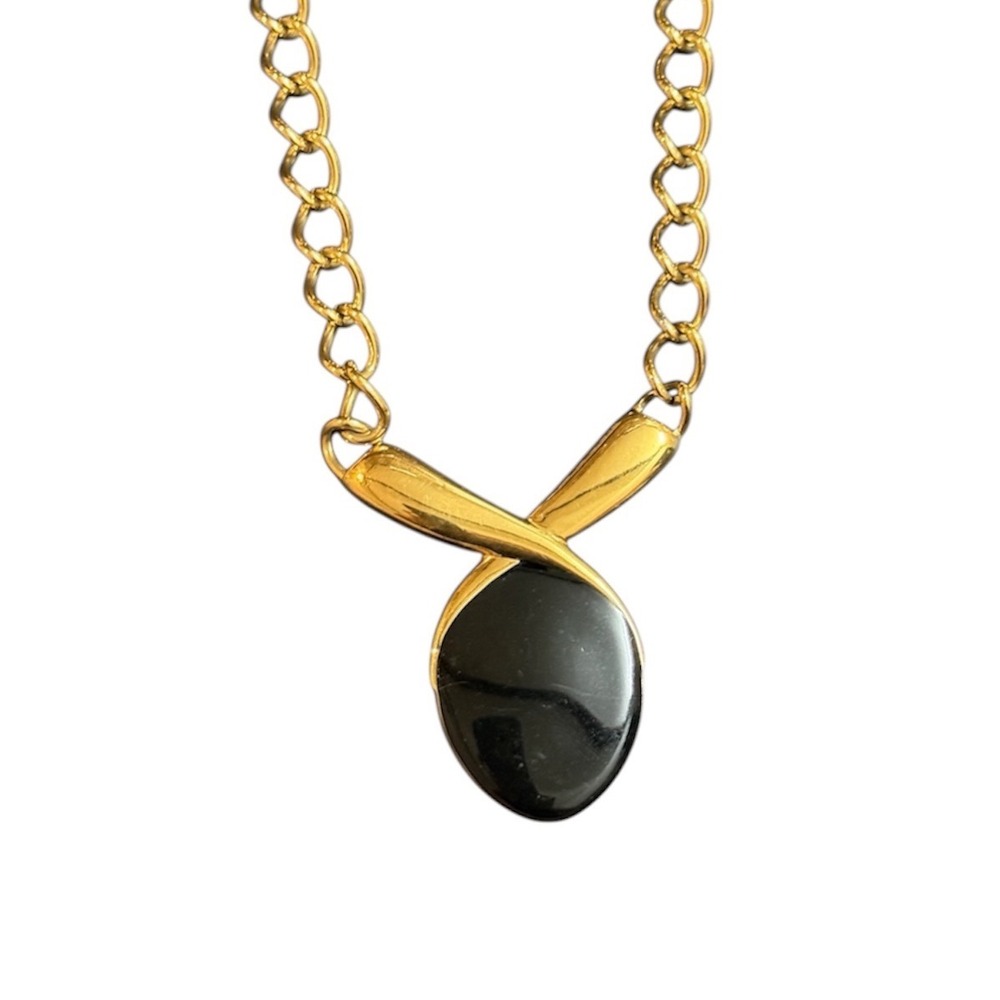 Monet Vintage Gold Tone Black Cabochon Modernist Pendant Necklace 24 Inch
